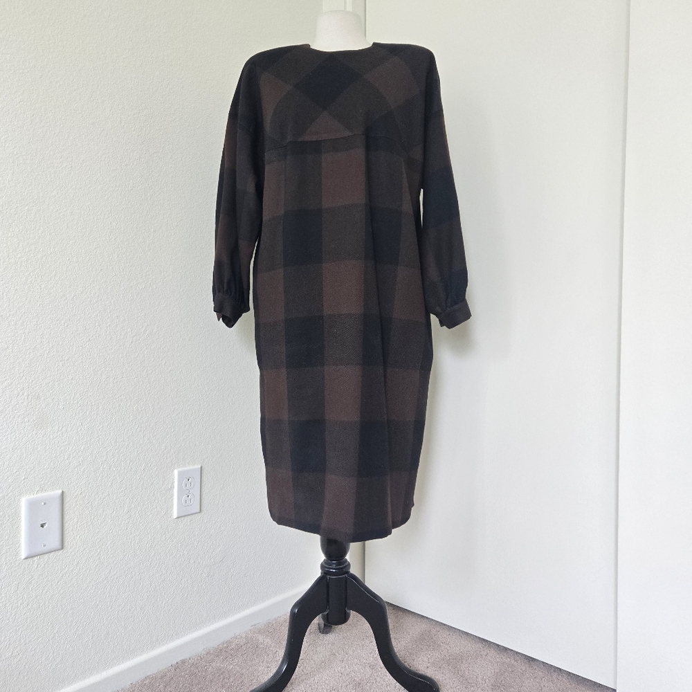 Hanae Mori Vintage 100% Wool Shift Midi Dress Dark Plaid Size‎ Large Made Japan
